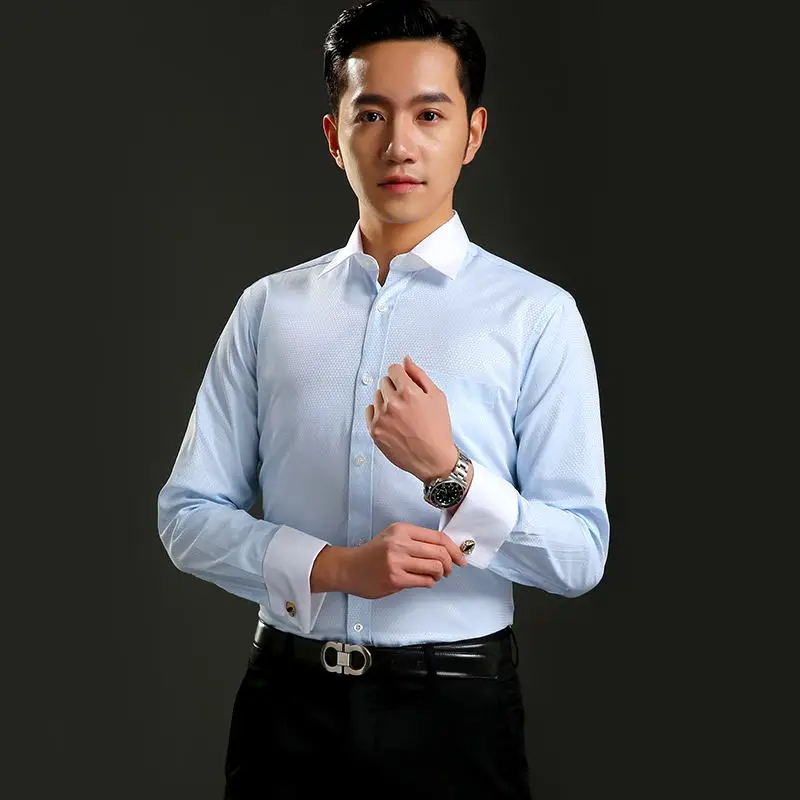 

Mens Shirts French Cuff Blue White Long Sleeved Business Casual Shirt Slim Fit Solid Color French Cufflinks Striped Shit Cool
