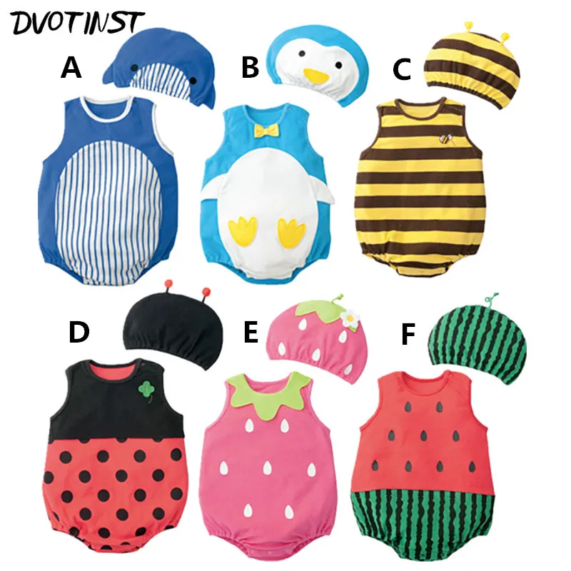 

Baby Clothes Summer Sleeveless Fruits Animals Bodysuit+Hat 2pcs Set Playsuit Outfit Infant Toddler Jumpsuit Costume Clothing