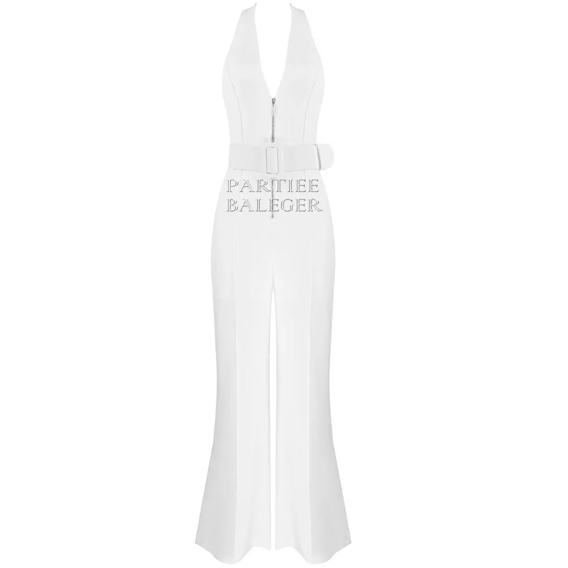 Hot Trendy White Jumpsuit Sexy Sleeveless V Neck Elegant Halter Design Celebrity Party Jumpsuit - Цвет: Белый
