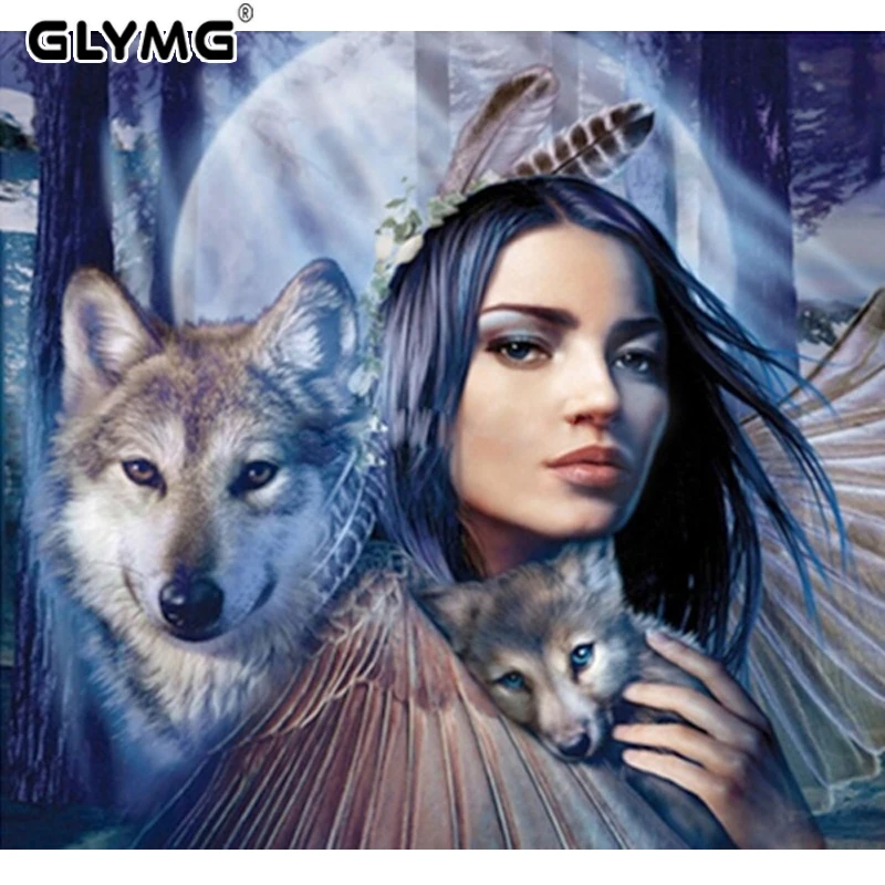 GLymg Diy Handicrafts Diamond Painting Wolf And Beauty Diamond Embroidery Square Drill Animal Mosaic Picture European Home Decor