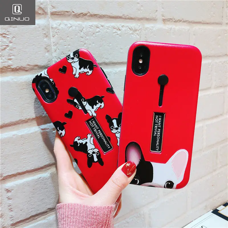 

QINUO Cute Bulldog case For iPhone case 6 6s 8 X Plus Cartoon Stand Holder case Soft TPU Cover For iPhone Case X 7 Plus 8P Capa