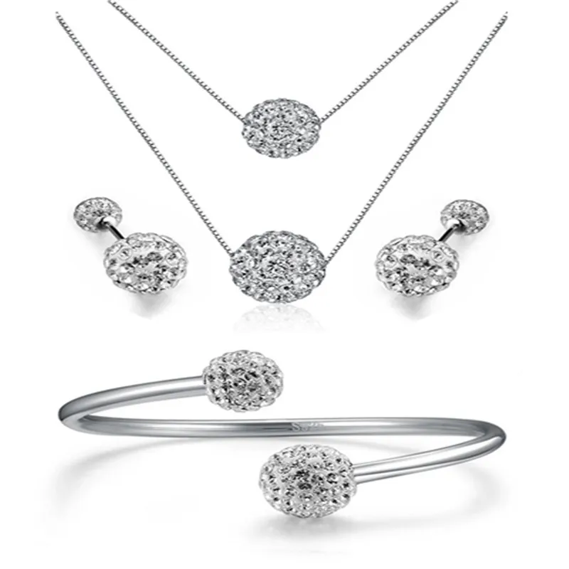 

3Pcs/Set 925 Silver AAA Jewelry Sets for Women Double Shamballa Set Necklace+Earring+Bracelet Solid Silver Free Shipping