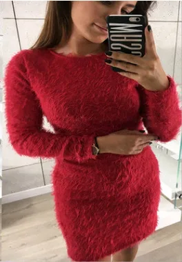 LOVEBU/зимнее однотонное плюшевое платье с круглым вырезом и длинными рукавами