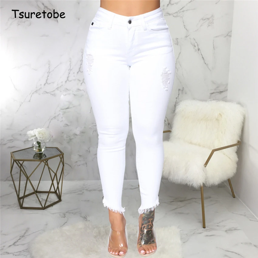 Tsuretobe Casual blanco agujero rasgado Jeans Mujer Bodycon alta cintura pantalones de pitillo señora moda Pantalones puro Color Mujer| Pantalones vaqueros| - AliExpress