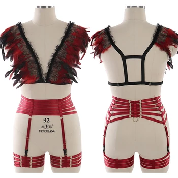

Wine red Feather Sexy Set Gothic Strap Turning Fetish Lingerie Stretch Adjustable Bra Halloween Dance Costume