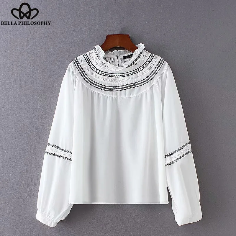 Wonder 2018 new vintage lace patchwork embroidery pullover blouse shirt women ruffled collar loose chiffon femininas blusas tops