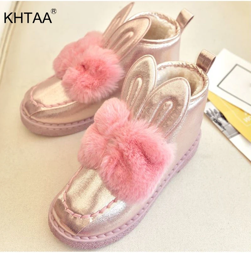 

KHTAA Female Rabbit Ears Slip On Bowtie Sequined Cloth Winter Platform Warmer Plush Ankle Snow Boots 2018 Women's Fashion Shoes