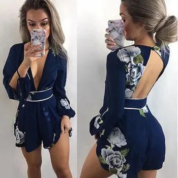 2019 סקסי V צוואר ללא משענת קיץ Playsuit נשים אופנה מודפס מקרית קיץ קצר Romper חתיכה אחת ארוך שרוול מכנסיים קצרים סרבל