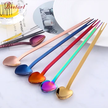 

5PC Stainless Steel Gold Honey Spoon Long Handle Heart Spoon With Fork Handle Creative Coffee Tea Spoons Set Cocktail Stir Scoop