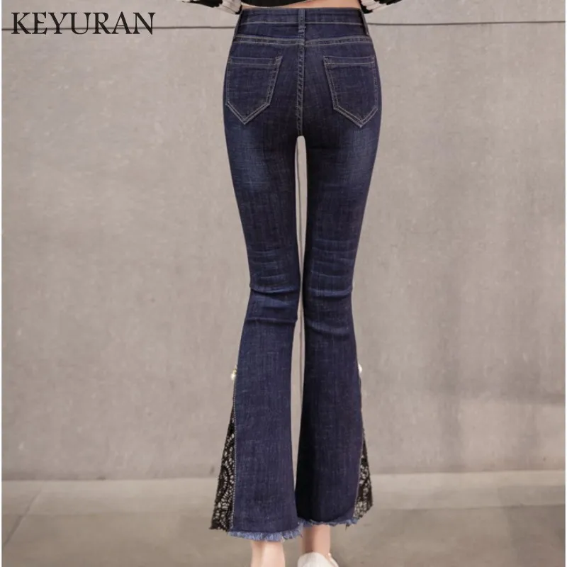 Весна Роскошные Бисер рваные середины талии большой расклешенные джинсы женский загрузки вырезать с кружевом и вышивкой джинсы клеш джинсовые брюки