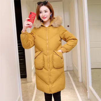 

Women Medium Long Cotton Jacket Large Fur Collar New Down Cotton Parkas Large Size Loose Winter Solid Color Female Coats TTT172
