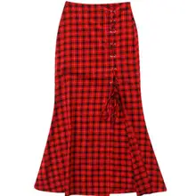 Женская длинная юбка мода Высокая талия ремни с разрезом клетчатая юбка фасона "Русалка"