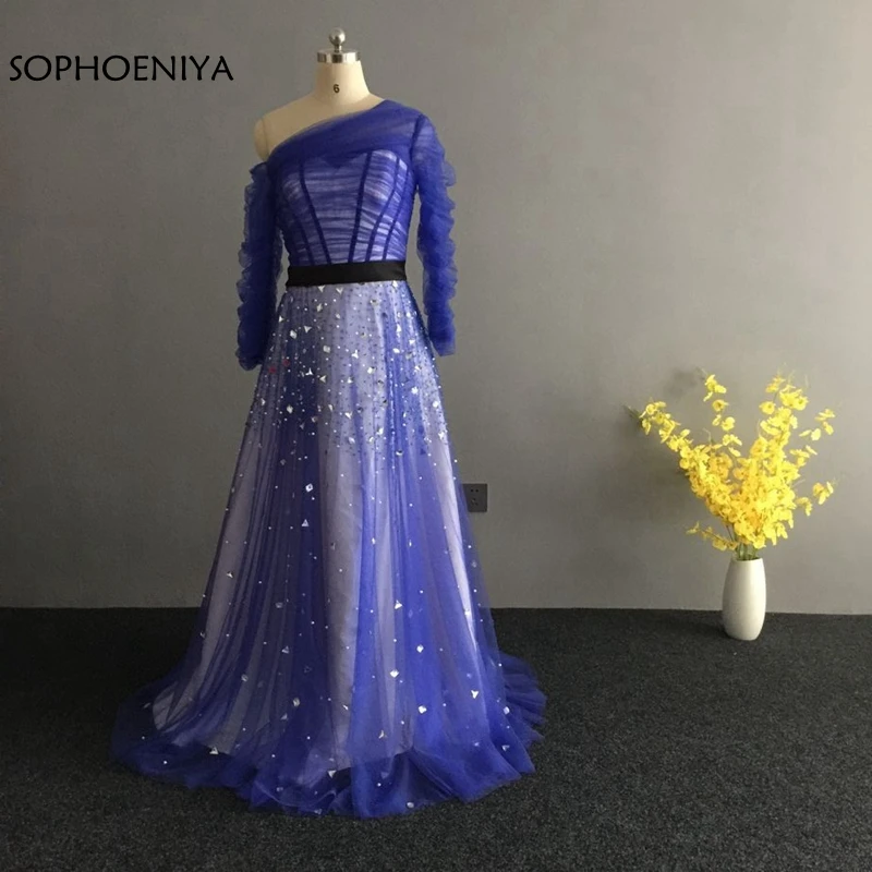 

New Arrival Sexy Royal blue dress Evening 2019 Long sleeve muslim evening dress Robe soiree dubai Arabic evening dresses Long