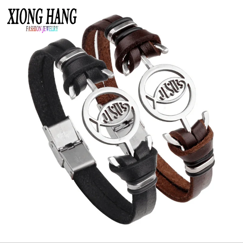 XiongHang браслеты для женщин браслет с Иисусом браслет из нержавеющей стали кожаный Веревка Цепи для мужчин рыбы модные ювелирные изделия