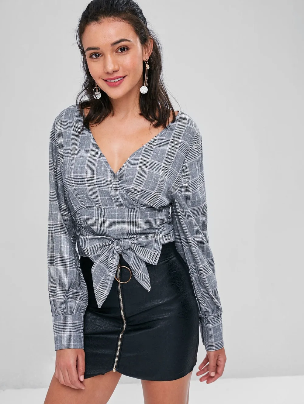 2019 Autumn Chic V Neck Bowknot Tartan Blouse Summer Tops Plaid Shirts