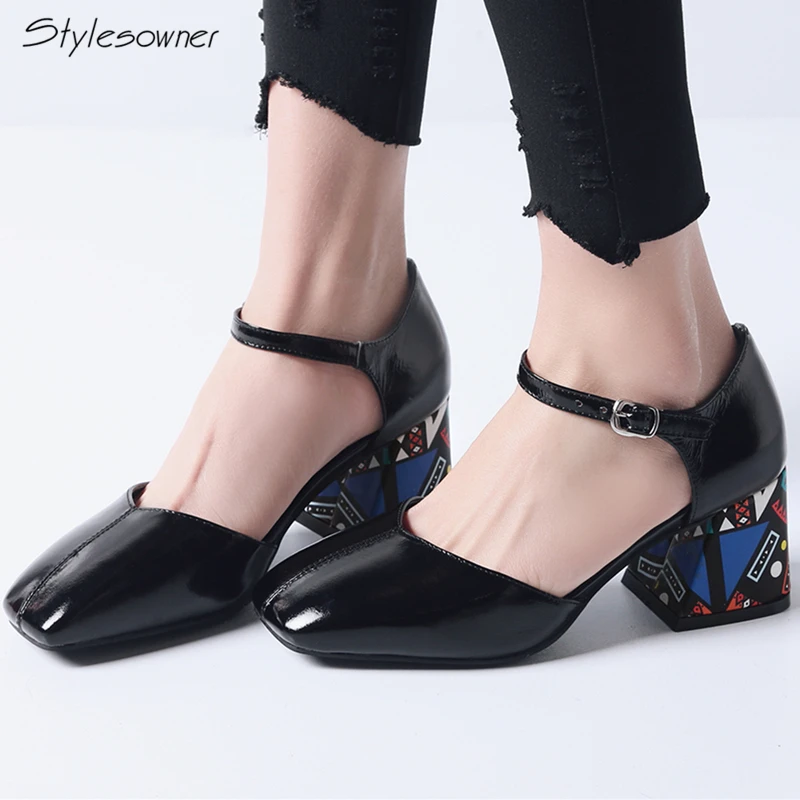 

Stylesowner Shallow High Heel Mary Janes Single Shoes Chunky High Heel Pumps Anklw Buckle Laces Women Pumps Printed Color Shoes