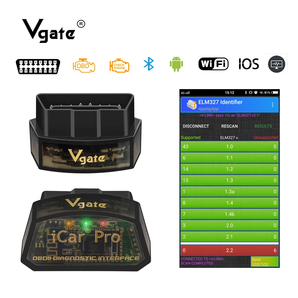 

Original Vgate iCar Pro elm327 V2.1 obd car diagnostic scanner bluetooth/wifi for IOS/android PK ELM327 V1.5 PIC18F25K80 elm 327
