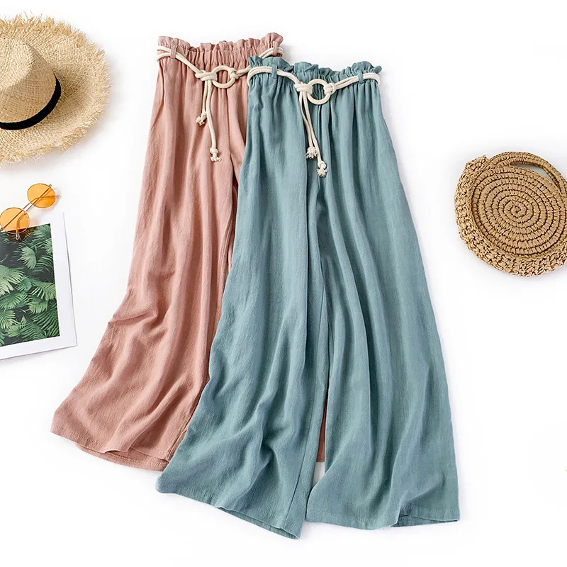 

Qooth Drawstring Linen Pants Wide-leg Trousers Elastic Waist Loose Ankle-Length Trousers Women's Blue Casual Pants QH1960
