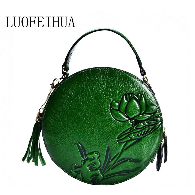 

LUOFEIHUA Genuine Leather women bags for women 2019 new retro ethnic wind Messenger bag Small round bag Designer bag female