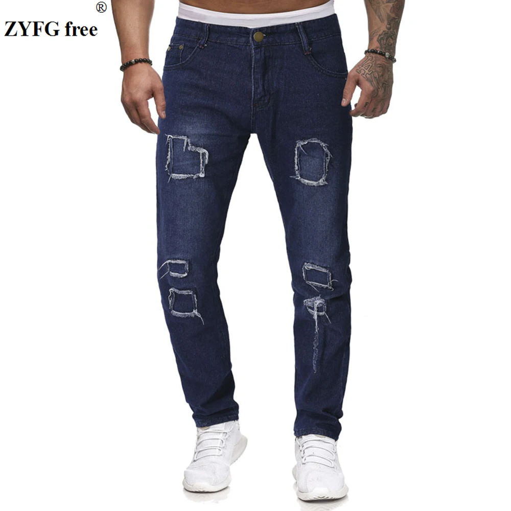 

2019 spring Men casual Jeans pocket and holes decorate jeans youth full length Denim pants trousers men large size