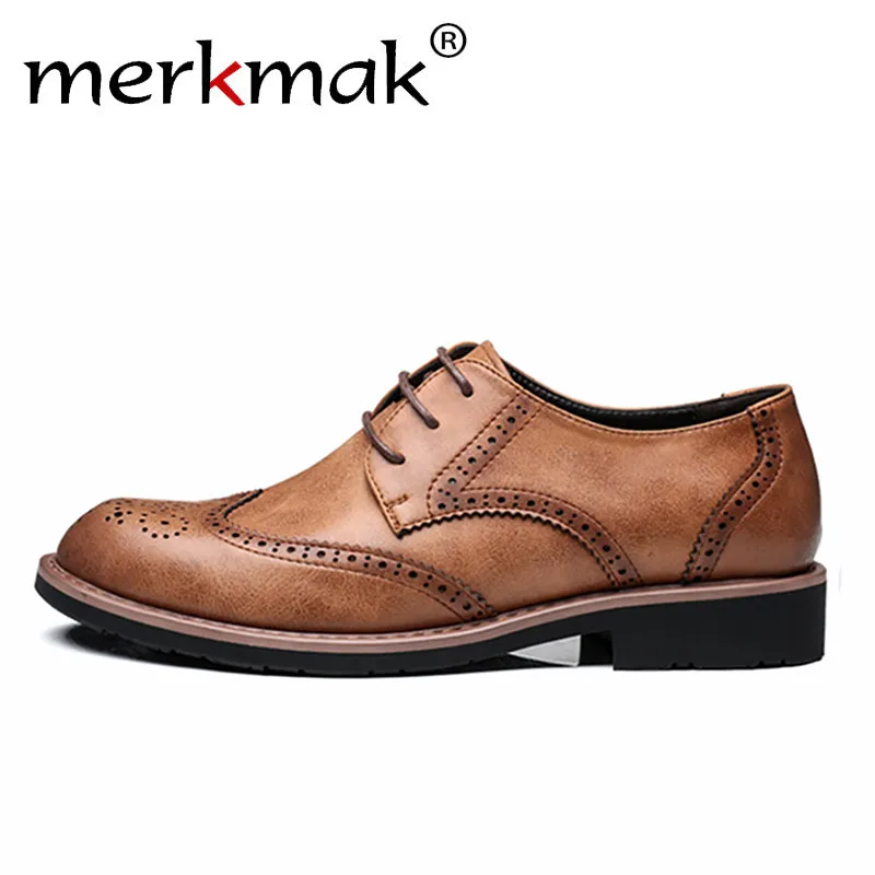 

Merkmak Spring Genuine Leather Men Dress Shoes Formal Wedding Party Shoes For Men Retro Brogue Shoes Luxury Brand Men's Oxfords