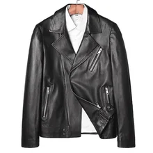 Модное пальто из натуральной овечьей кожи с воротником, Мужская черная кожаная куртка, Мужское пальто из натуральной кожи