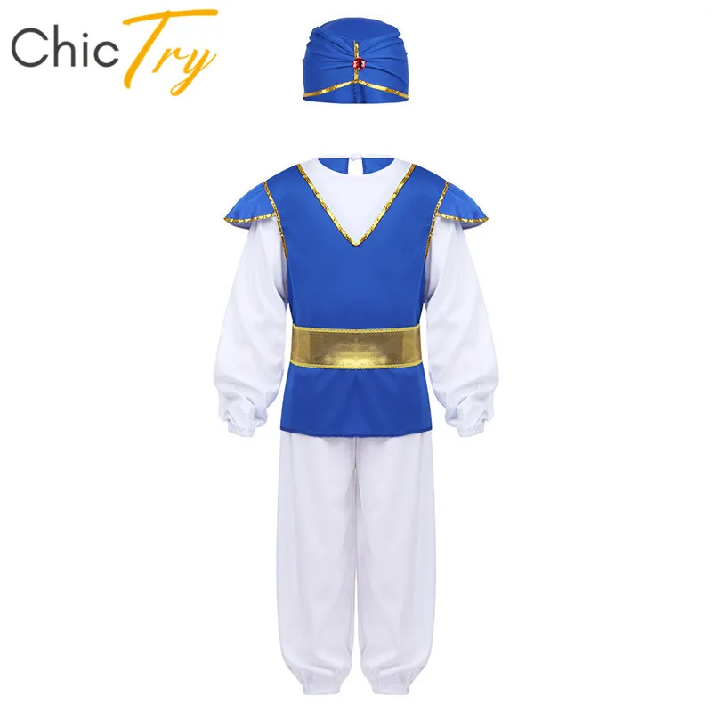 ChicTry/Детские вечерние костюмы для косплея на Хэллоуин для мальчиков; детские топы с длинными рукавами и штаны; комплект с поясом и шапкой; костюм с арабским принцем