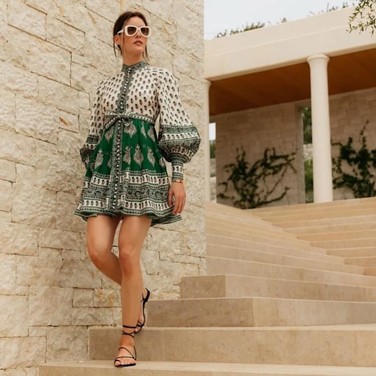 

Summer Dress for Women 100% Linen Green Floral Print Women's Vintage Boho Beach Dress Long Lantern Sleeve Dresses