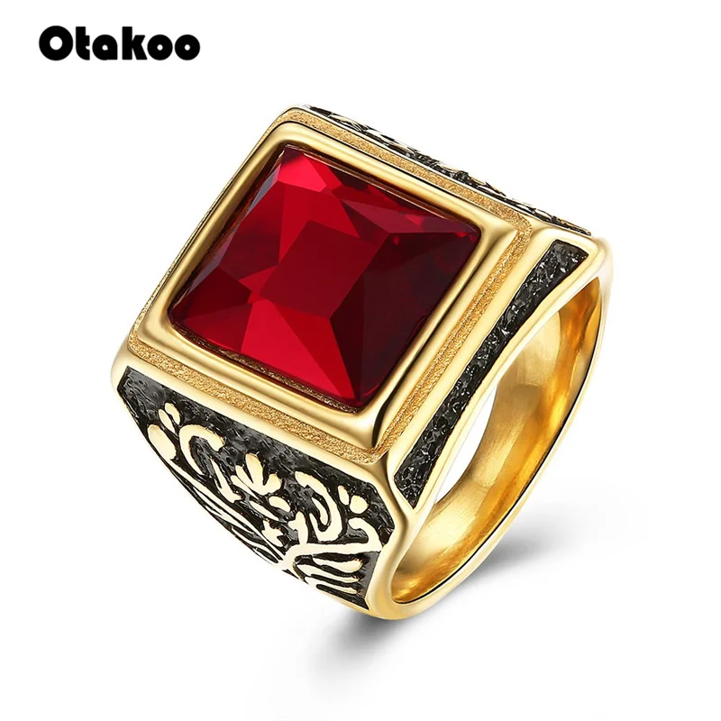 

Otakoo Elegant Square Mens Ring In Floral Design With Red Stone Ring for Men Stainless Steel Gold Tone Retro Jewelry Accessories