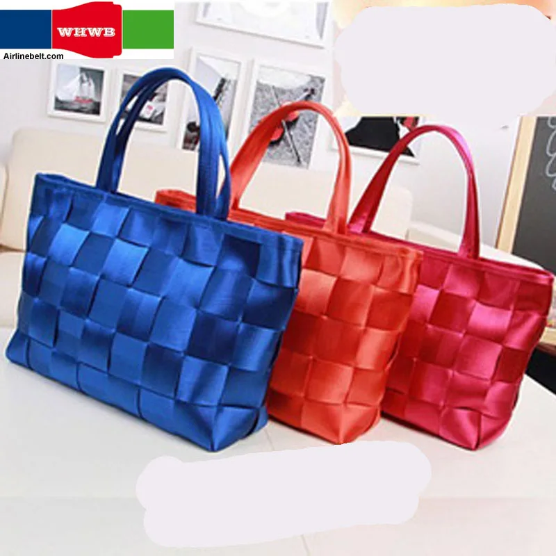

36x26x11cm Comely Checker board Weaving Polyester SeatBelt Women's Fashion Handbag Tote Streamline Seat safety belt designer bag