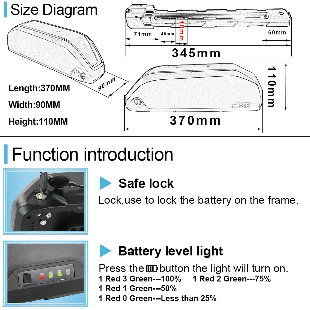 Excellent Ship from USA 52V 17.5Ah Jumbo/Polly Down Tube Electric Bicycle Battery with Samsung Cells 40A/30A BMS 2A Charger 4