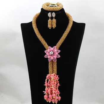 

Popular Champagne Crystal Bridal Jewelry Set Peach Coral Penant Design Necklace Gift for Women Free Shipping QW226