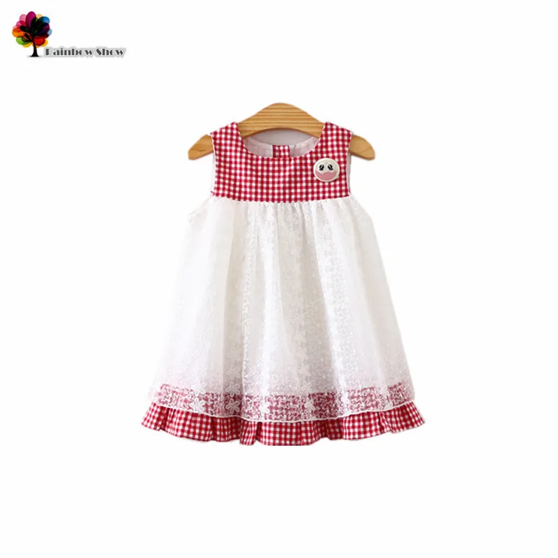 

New Children Clothing Summer Girls Lace Patchwork Organ Plaid Cotton Dress Sleeveless Lovely Cotton Dress Kids Dresses