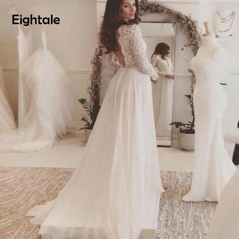 

Eightale White Chiffon Backless Boho Wedding Dresses 2019 Deep V-neck Long Sleeves Beach Bride Dresses robe de mariee