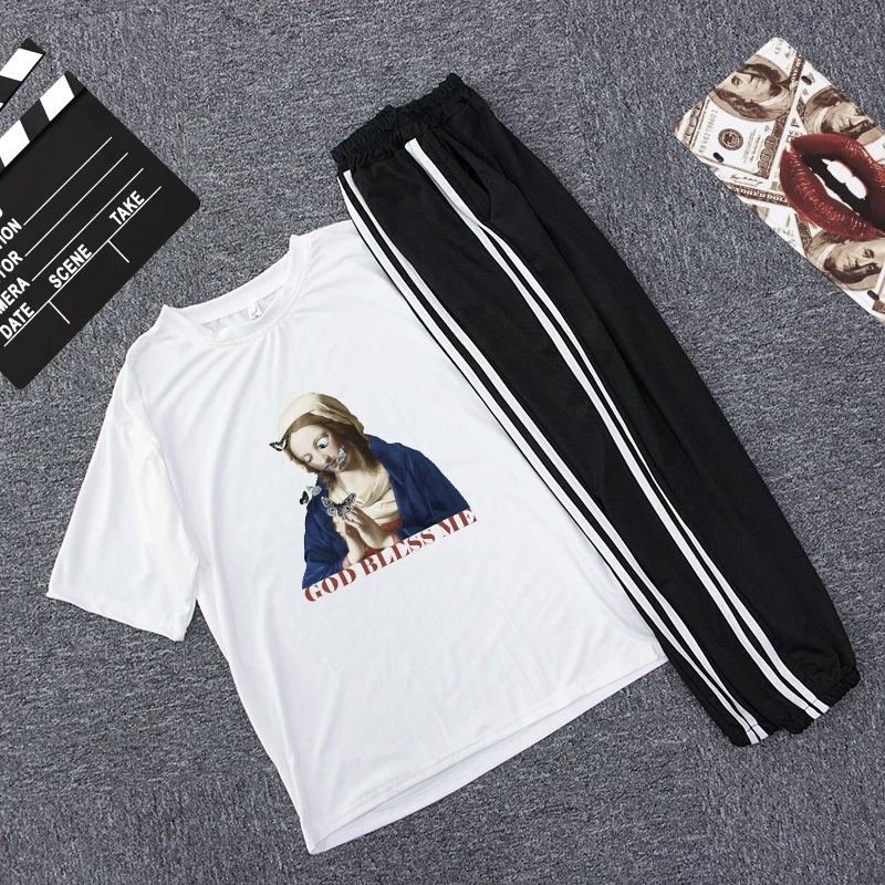 

Fashion Cartoon Cotton Women Casual Sportswear Lovely Mona Lisa Spoof Printed Tshirt Suit Femme Fitness Sportswear Workout Sets