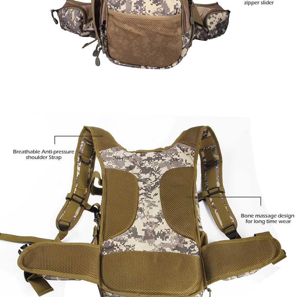 Камуфляжный рюкзак для рыбалки, регулируемый размер, рюкзак для ловли нахлыстом, камуфляжный рыболовный жилет с несколькими карманами, спортивная сумка для активного отдыха