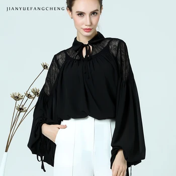 

Ladylike Women Summer Top 2018 Chiffon Blouse Plus Size Lantern Sleeve Black Lace Top Loose-Fitting Hollow Out Female Shirt