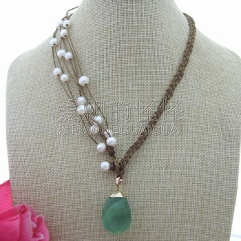 

N080910 20" White Round Pearl Necklace Green Fluorite Pendant