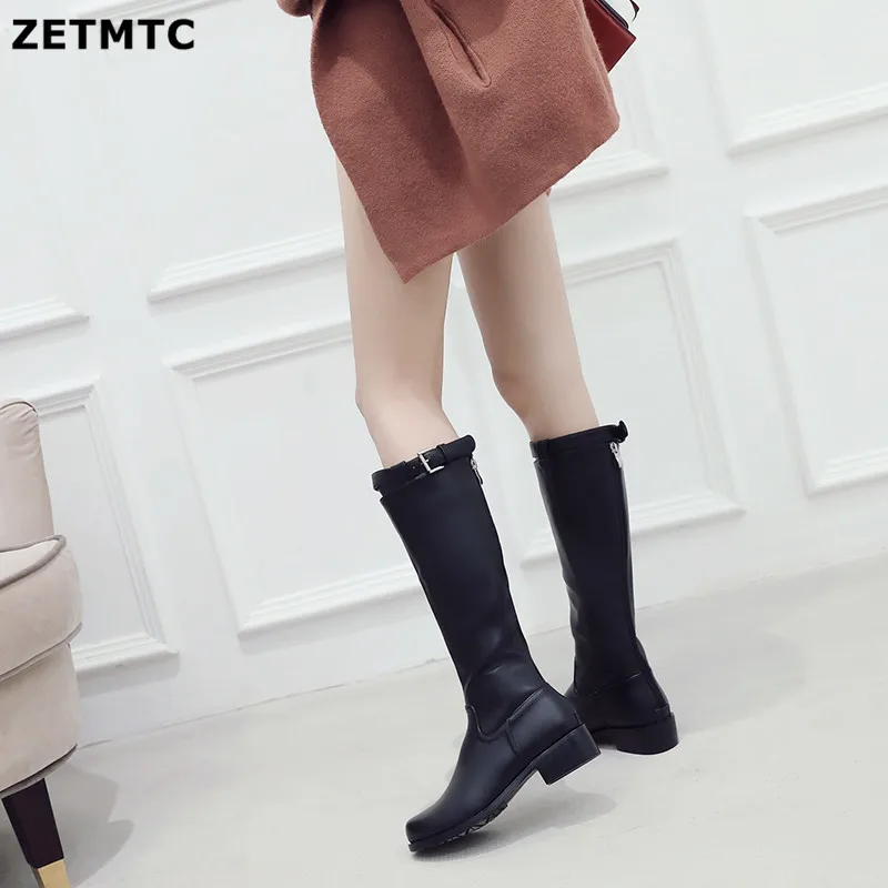 

ZETMTC women knee high boots buckle with zip Retro women's motorcycle boots thick fur warm winter snow boots 34-41