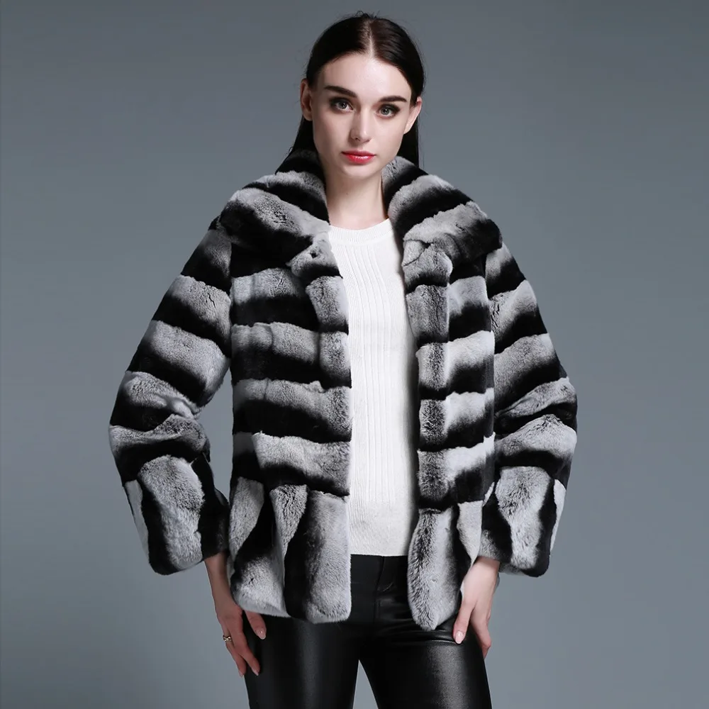 

Fur Story 15191 Winter New Arrival Real Fur Women's Coat Big Turn Down Collar Rabbit Fur Coats Female Chinchilla Color