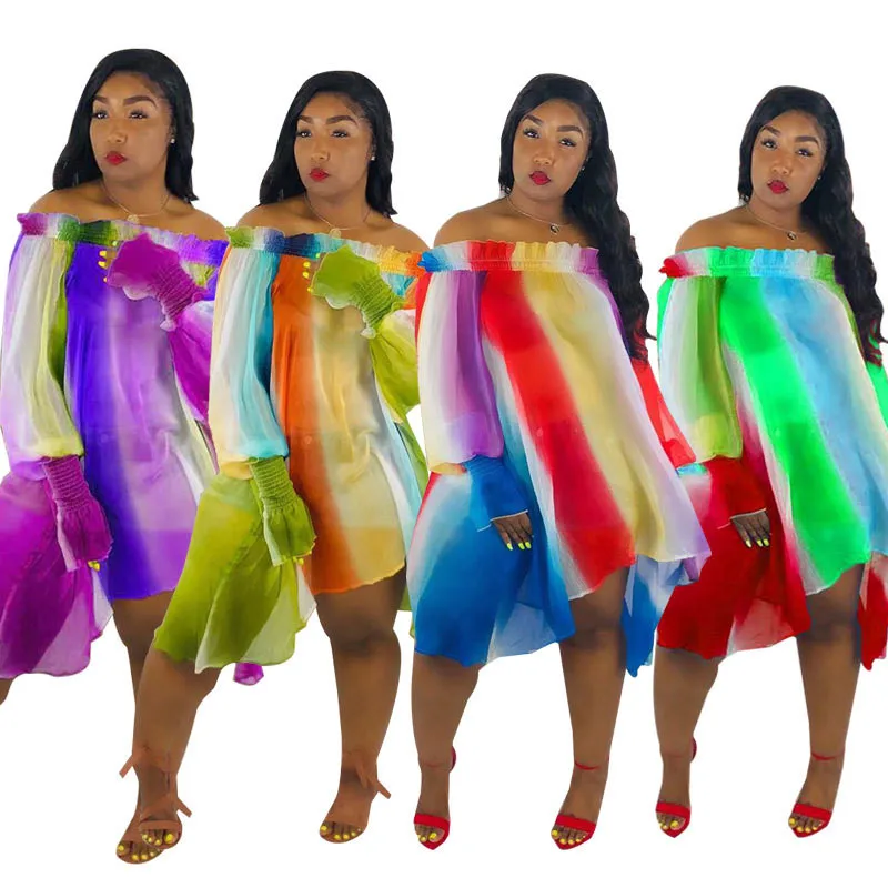 

Summer Women's Dresses Beach Style Long Lantern Sleeve Slash Neck Colorful Print Irregular Casual Loose Chiffon Dress Plus Size