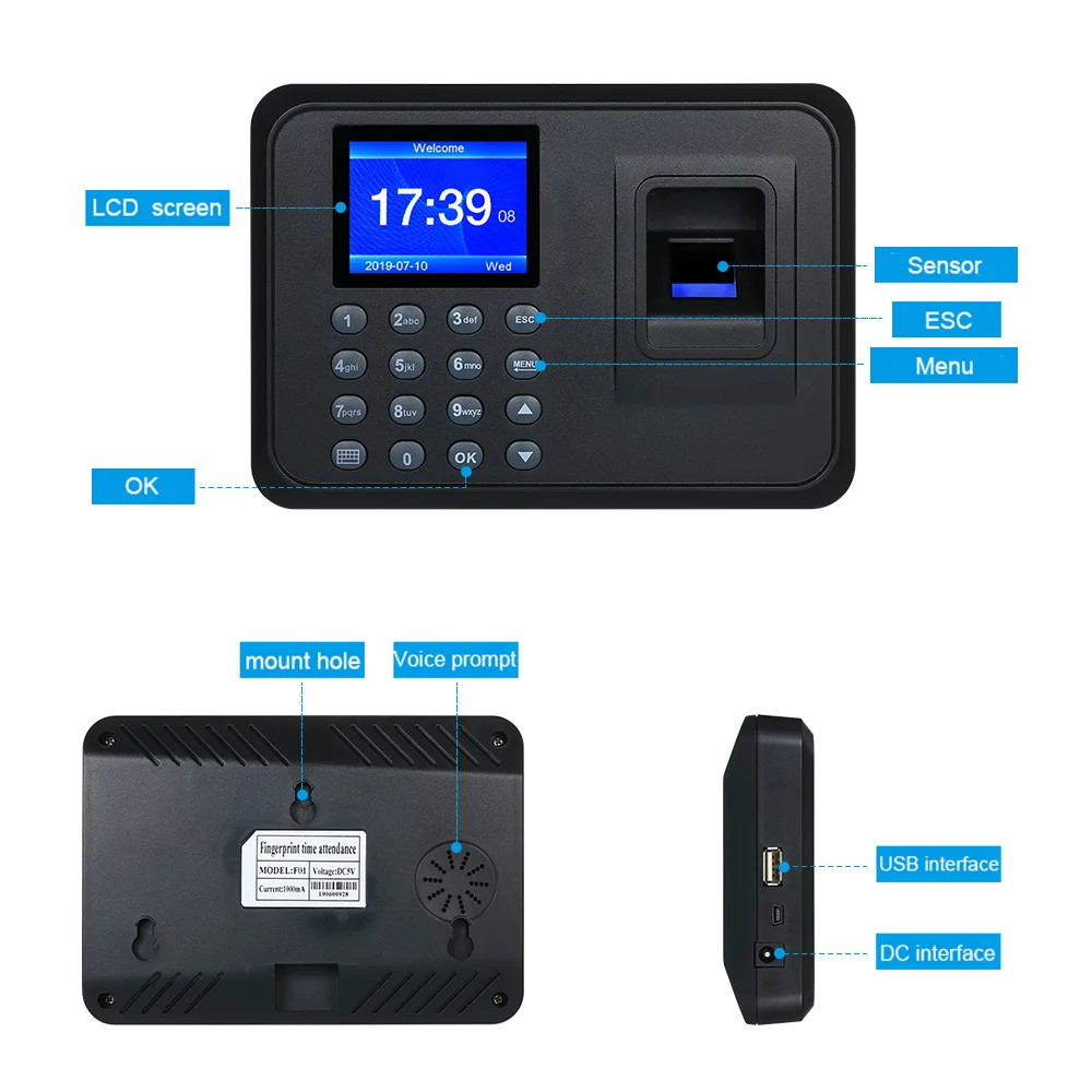 Biometric Fingerprint Attendance Machine 2.4" TFT LCD Display USB Employee Checking-in Reader Time Clock Recorder DC 5V/1A