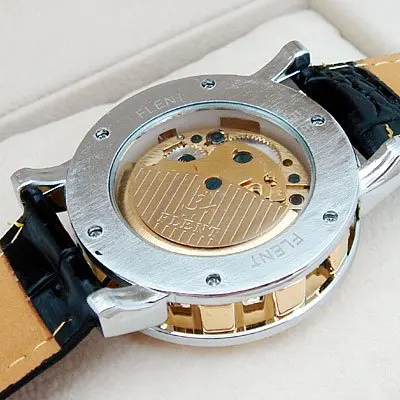 Mens Luxury Watch Gold Tone Skeleton Auto Leather Gift freeship
