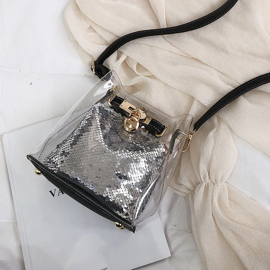 

Clear Clear Jelly Sequin Women's Crossbody Bags Transparent PVC Jelly Shoulder Messenger Bag PVC Bucket Bags for Women 2019 INS