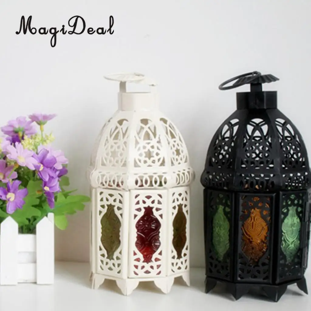 Moroccan Vintage Metal Hollow Glass Moroccan Hanging Tea Light Holder Candle Lantern Xmas Decor