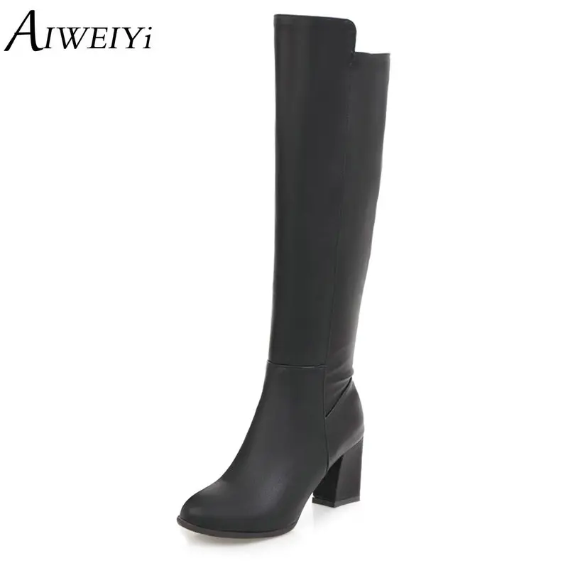 

AIWEIYi Boots for Women Round toe Square Heel High Heels Knee High Boots Black White Slip On Autumn Winter Shoes