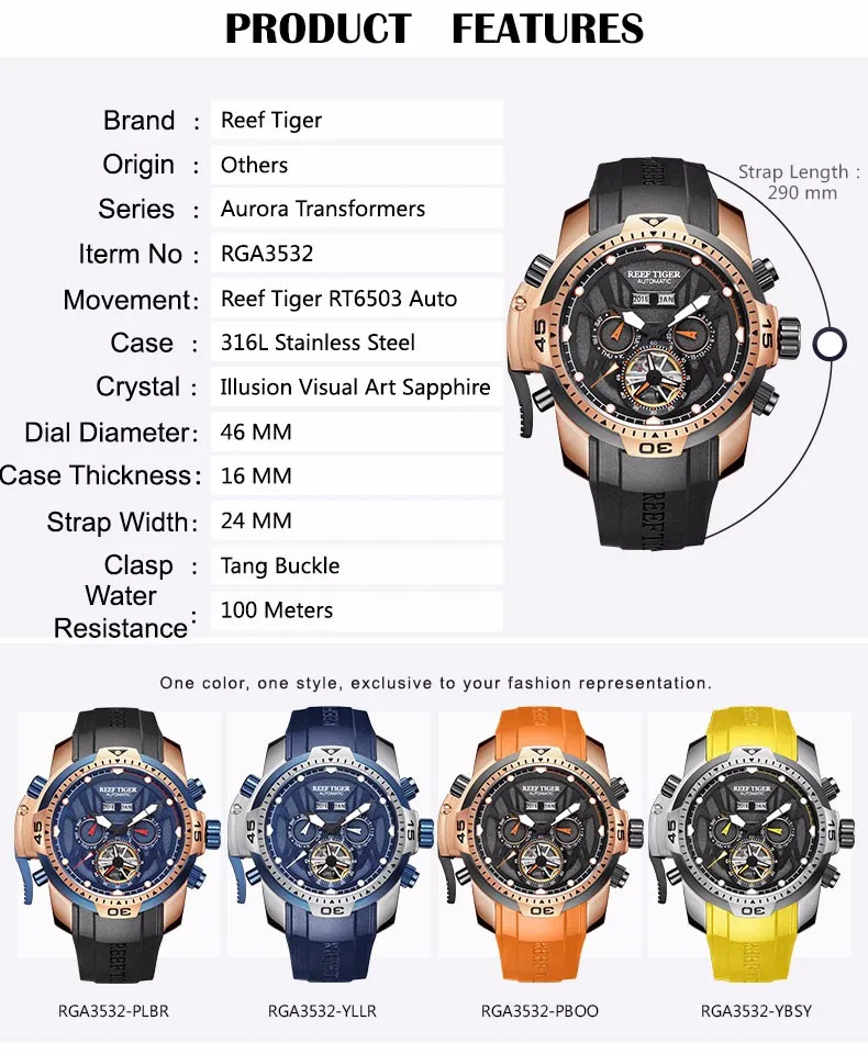 Риф Тигр/RT спортивные часы мужские большие розовое золото трансформатор издание водонепроницаемые военные часы Механические наручные часы RGA3532
