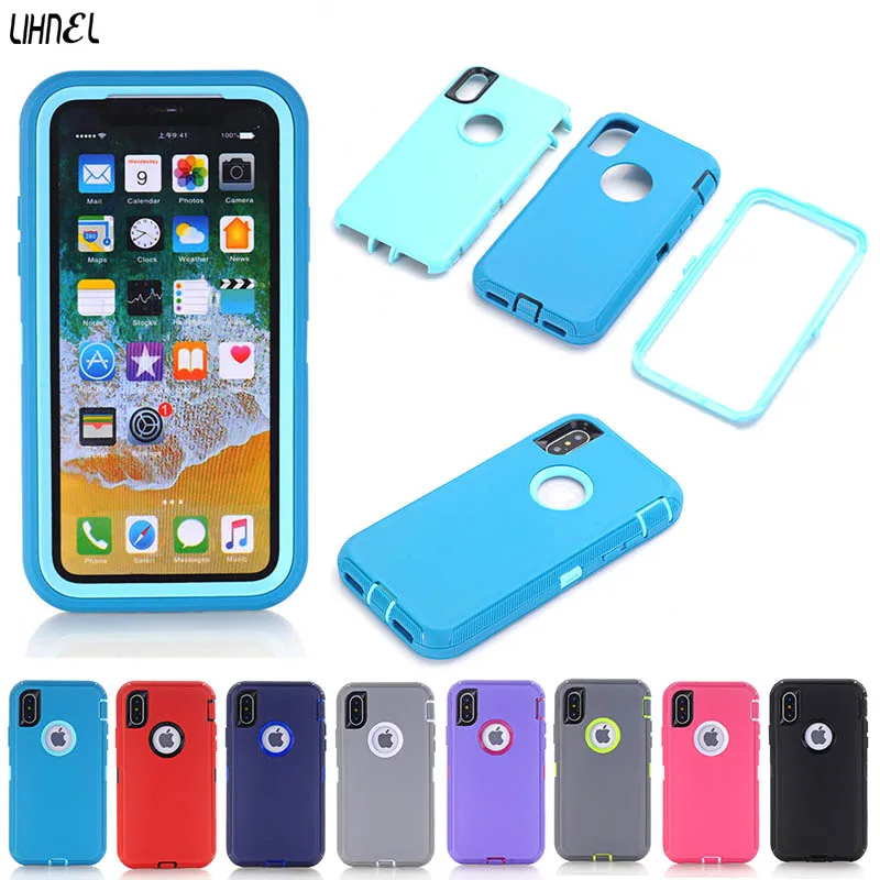 

3 in 1 PC Rubber Hybrid Heavy Defend Shockproof Full Coverage Case Cover for iPhone 6 6S Plus 7 7Plus X XS Max XR with Film