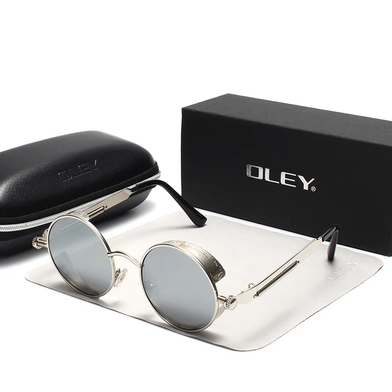 OLEY, брендовые металлические круглые стимпанк Солнцезащитные очки для мужчин и женщин, модные цветные очки в стиле панк, солнцезащитные очки для вождения, антибликовые очки, UV400 Y261 - Цвет линз: Y261 C6BOX