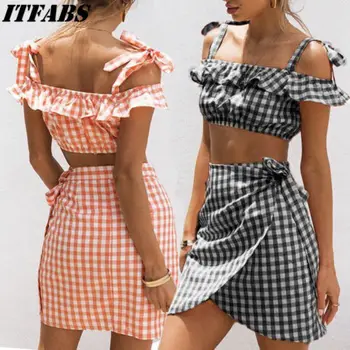 

Fashion Women Short Skirts Sleeveless Bodycon Crop Tops Casual Party Evening Club Bandage Mini Plaid Dress New Streetwear